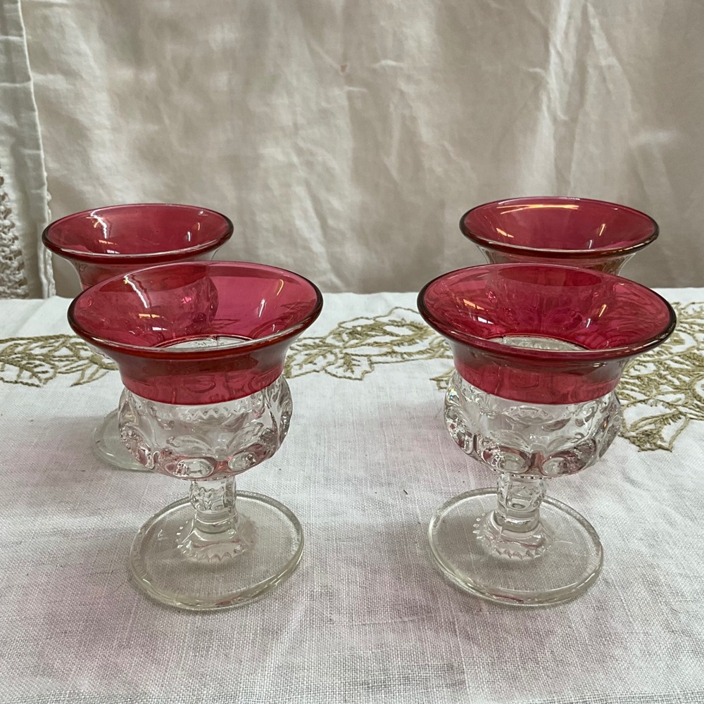 Vintage Cranberry Kings Crown Indiana Glass Cordial Liqueur Glasses Thumbprint 4